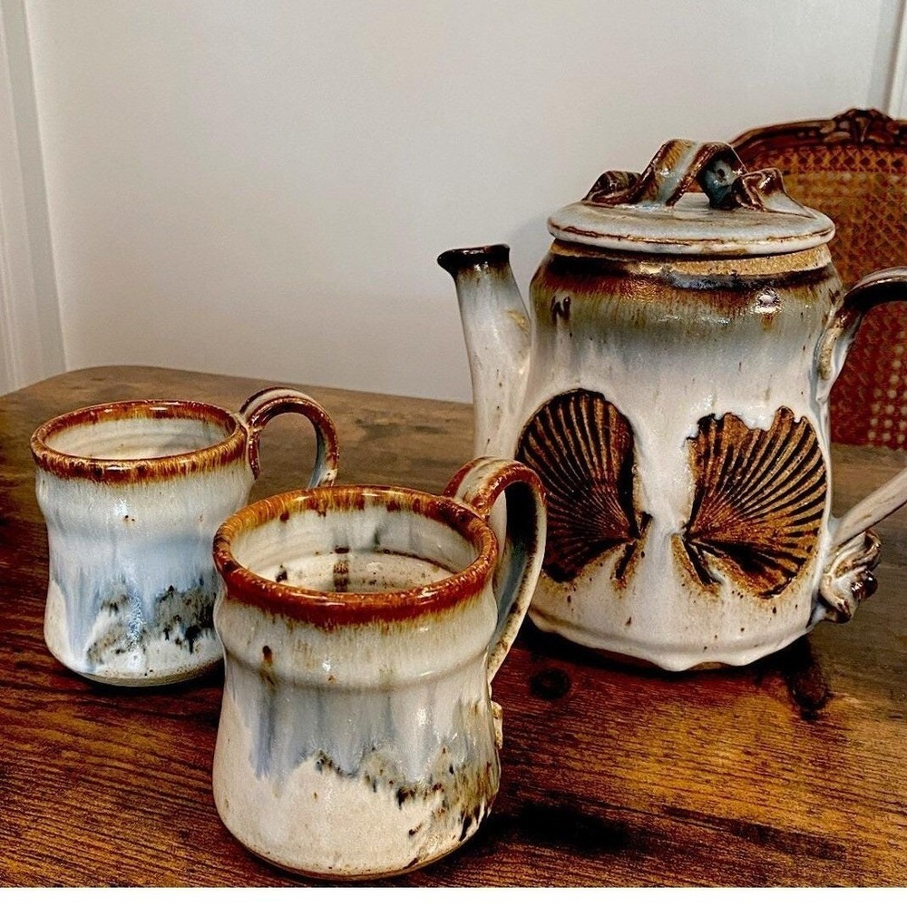 Studio Pottery Seashell Tea Set Teapot 2 Mugs Glazed Hefty Stoneware Coastal Art